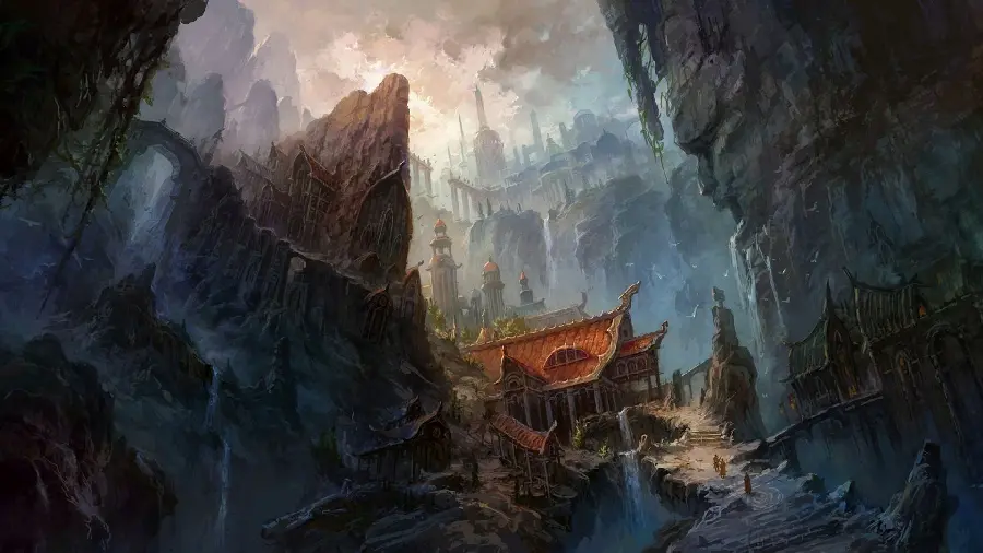Enchanting painting of a large temple in the mountains of Tibet