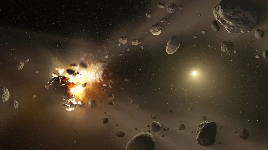 Digital view of asteroid belt rocks suspended in space