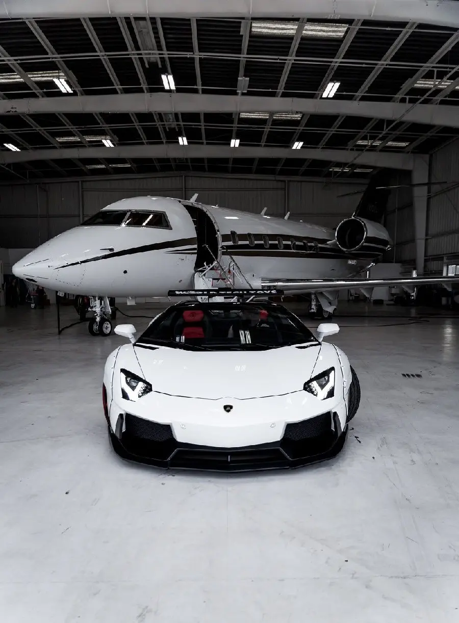 Photo of a private plane and a cool Lamborghini