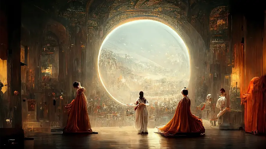 Interesting stock photo of artificial intelligence from a large and bright circular window in the royal palace