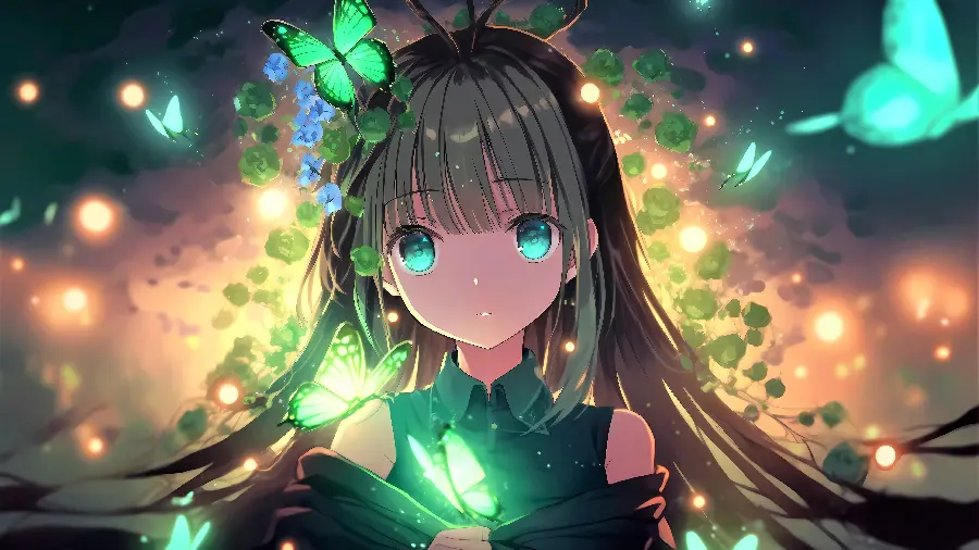 Beautiful blue-eyed anime girl photo among bright green butterflies