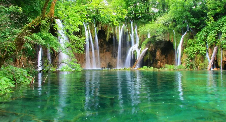 Photos of small and large waterfalls leading to the river in the forest