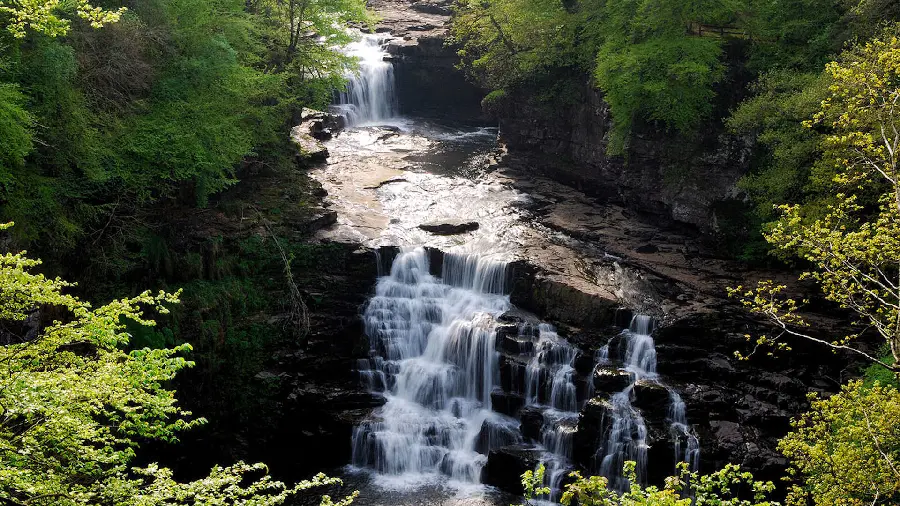 Pure photo of a waterfall in green nature for printing on a chassis board