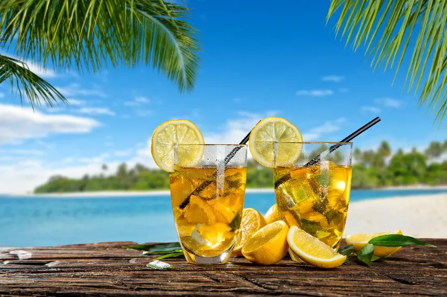 A cool, tropical lemon drink with a pleasant taste in a 4K frame