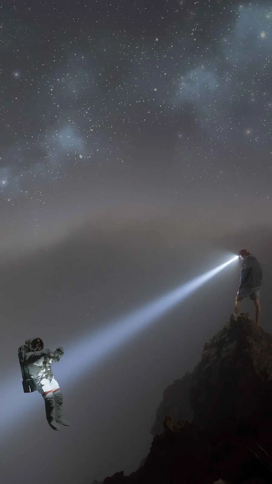 Mysterious background of seeing an astronaut with a flashlight for mobile