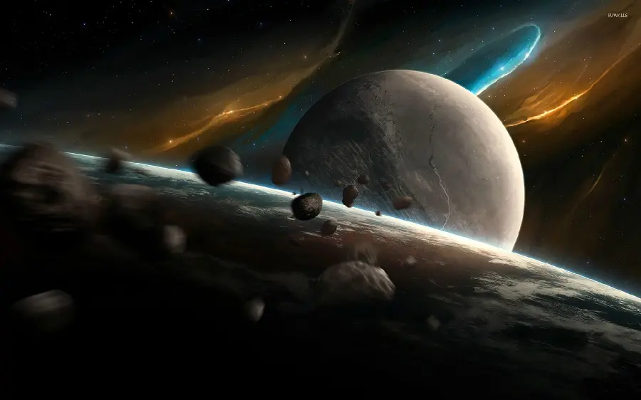 Dreamy wallpaper of the asteroid belt in space for Windows 11