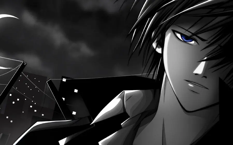Black and white drawing of an attractive and well-dressed anime boy with black hair and a handsome face