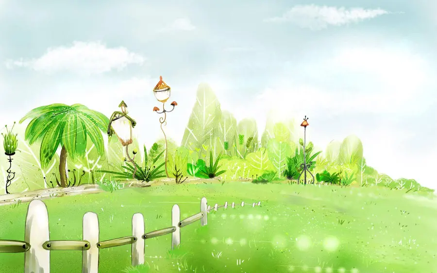 Full hd painting of a green garden in spring for desktop background