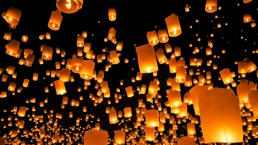 Dreamy background of wishes balloons with yellow light with unparalleled quality