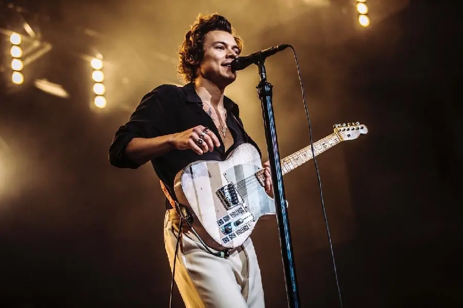 Harry Styles playing guitar at a concert in a spectacular view