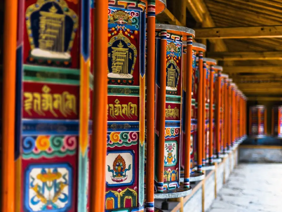 Picture of beautiful colored carvings in Tibetan language in temples