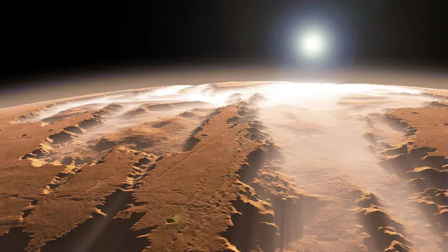 Photo of the rocky surface of Mars along the light of the moon around it