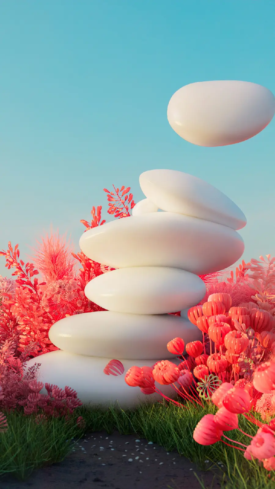Beautiful iPhone 15 wallpaper of white stones and flowers