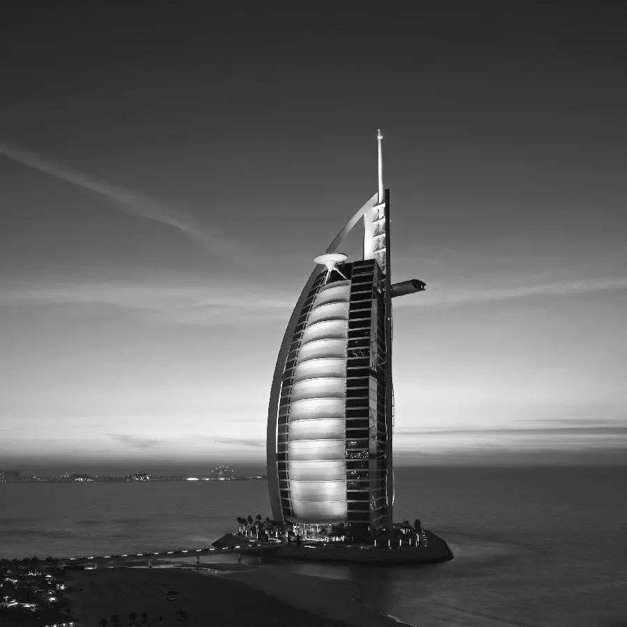 Black and white artistic photo of Burj Al Arab Dubai in original quality