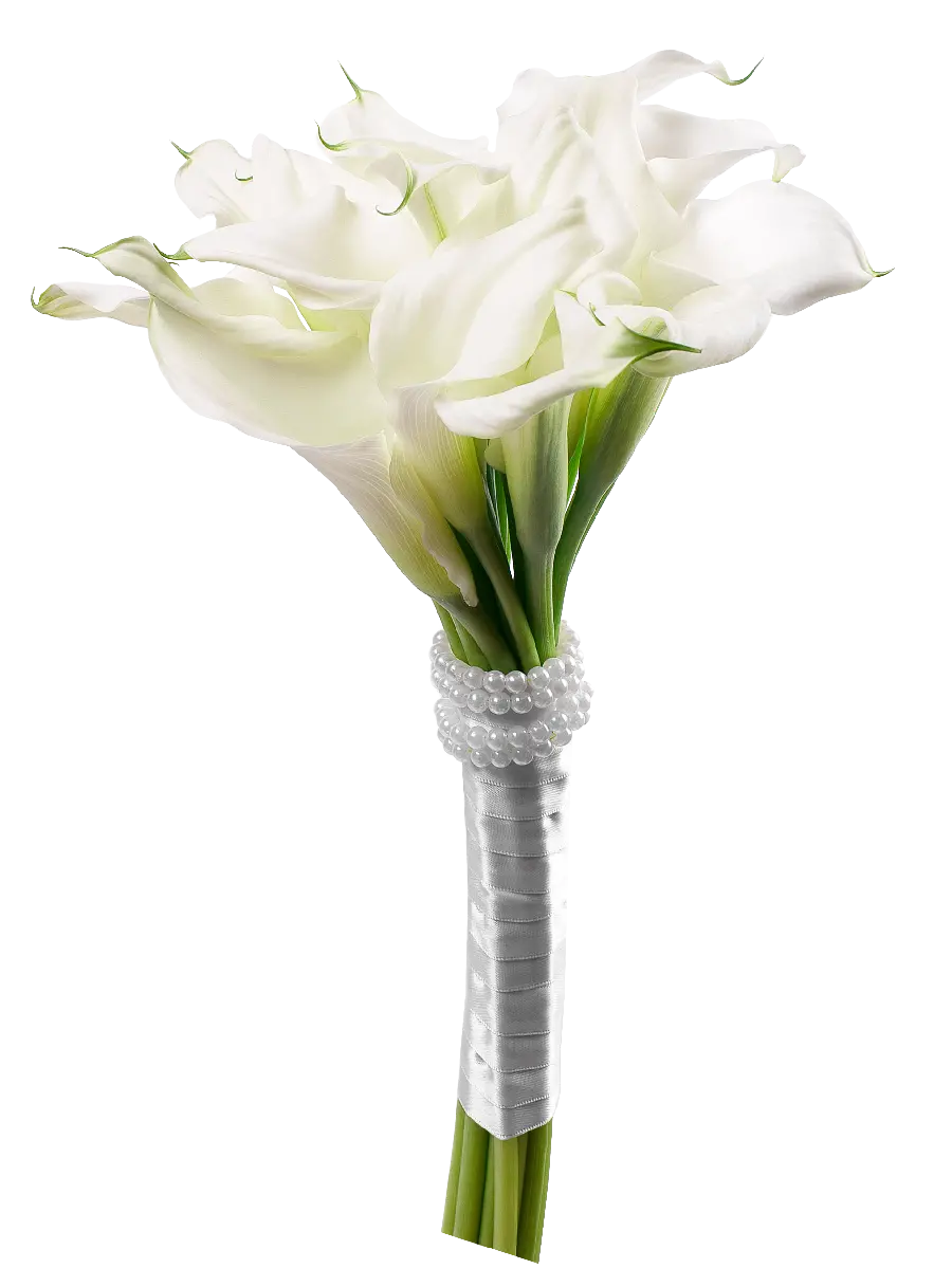 Picture of a beautiful pearl-embellished bridal trumpet bouquet
