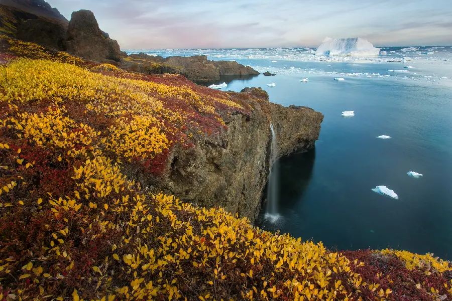 A photo of an icy lake with a tall waterfall and yellow trees with excellent quality