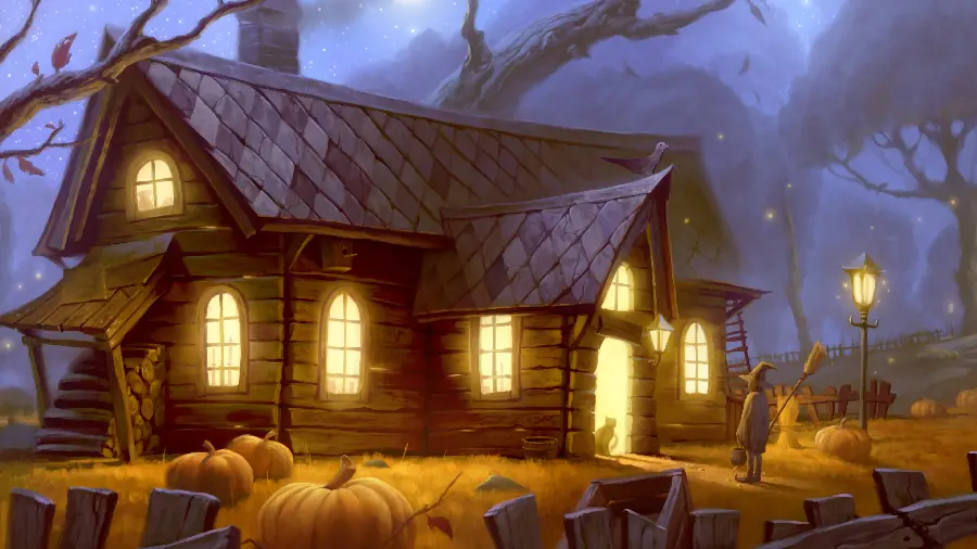 Fantasy poster of a bright witch's house in the middle of a scary forest with high quality