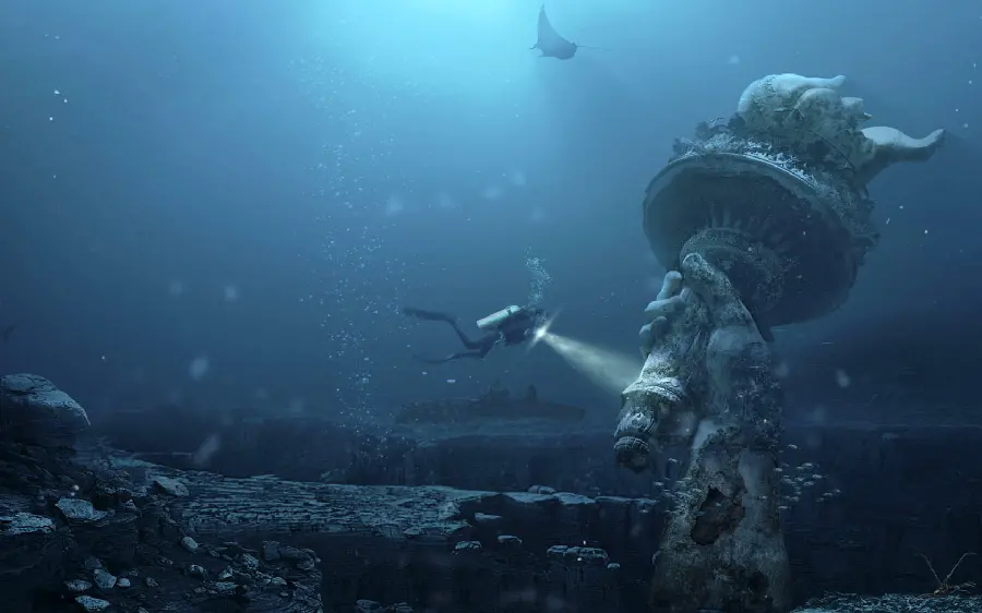 Fantasy background of a diver and an underwater statue with a hand and torch design