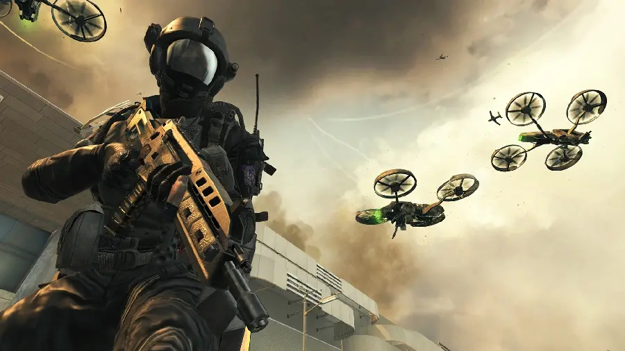 Boyish pure wallpaper of powerful soldier and war drone for computer desktop
