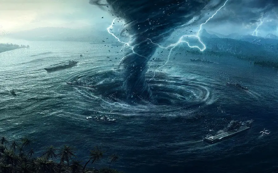 A masterpiece photo of a tornado and lightning in a turbulent blue sea