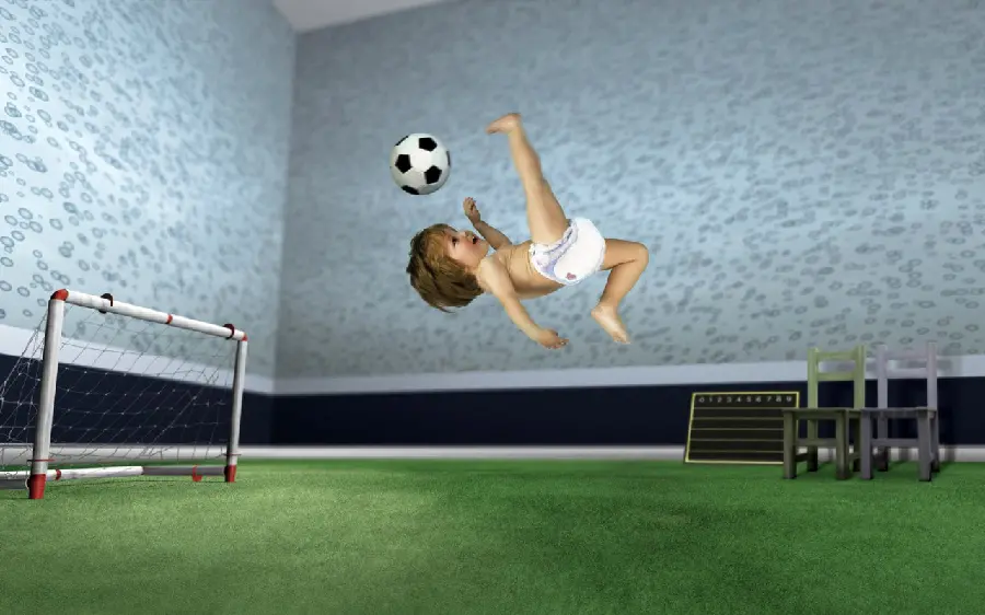 Cute picture of a child's back scissors in football 