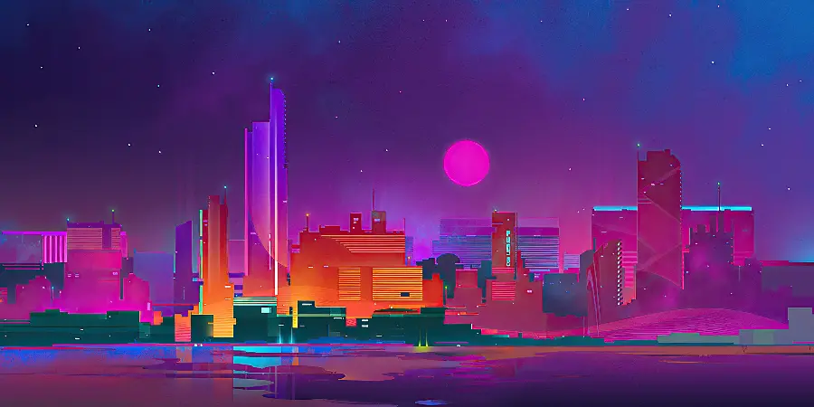 Very beautiful digital painting of a city with a purple sky