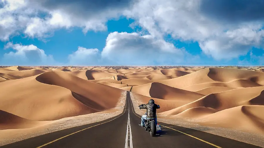 Desert road and motorcycle photo 4k