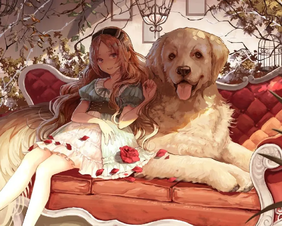 The most beautiful painting of a cute dog next to a beautiful girl