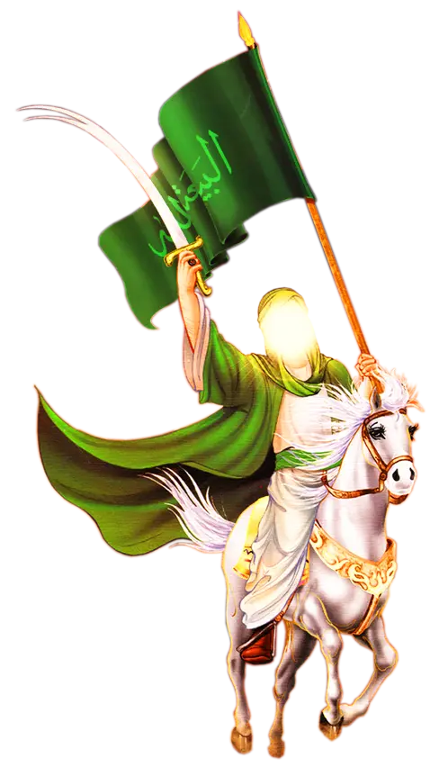 Png image of Imam Ali with a flag and a sword on a horse