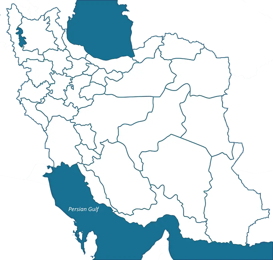 Full map of Iran with Caspian Sea and Persian Gulf in blue