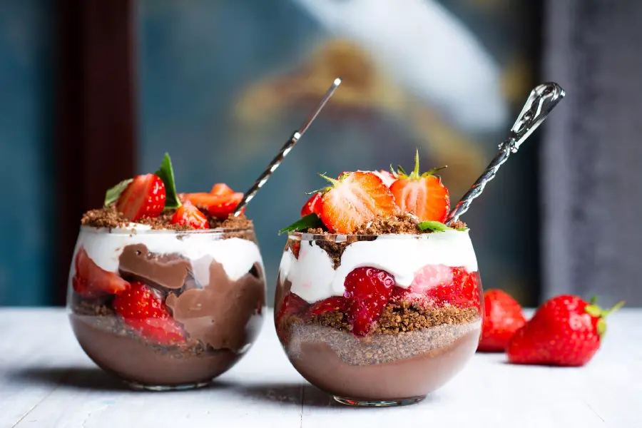 Popular image of a simple glass dessert with strawberry decoration for printing