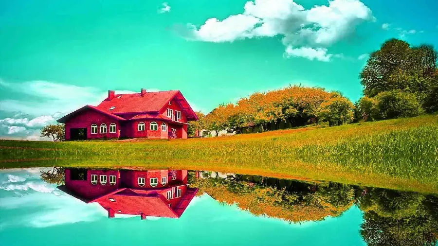 Admirable wallpaper of a red house by the river in 8K quality