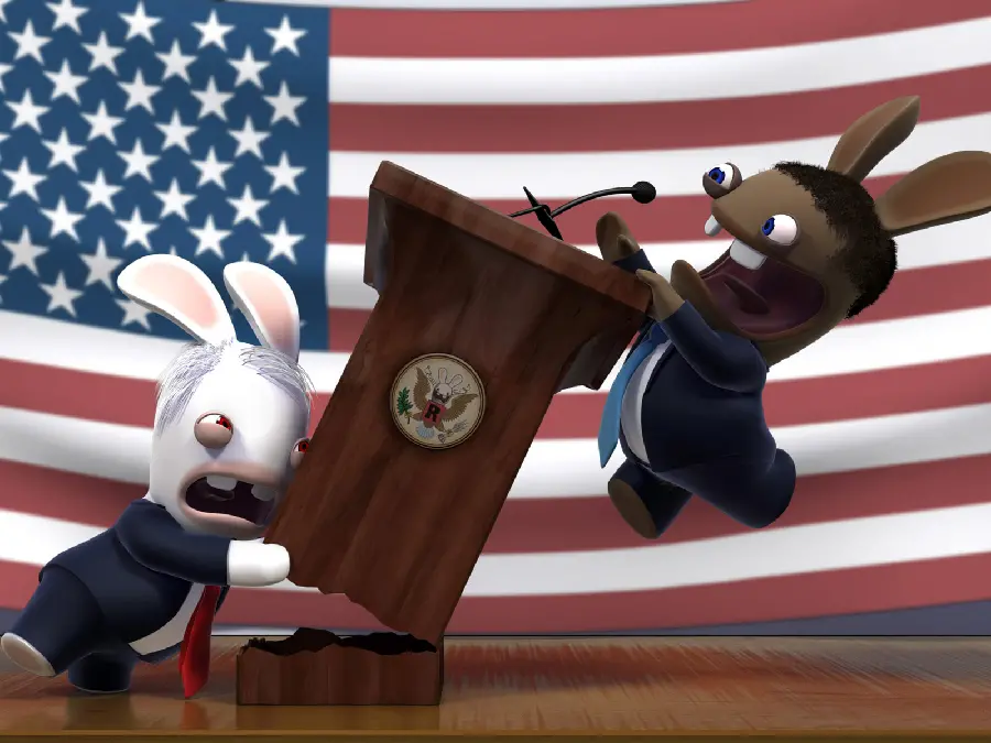 Strange and conceptual picture of a white and black rabbit fight in America 