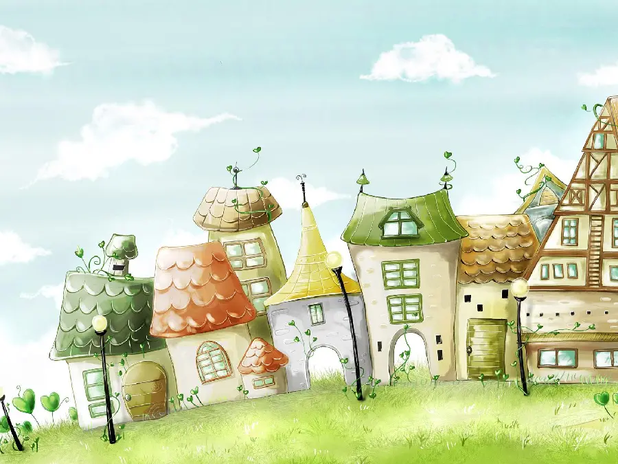Cartoon Photo of Cute Houses in Spring in Good Quality