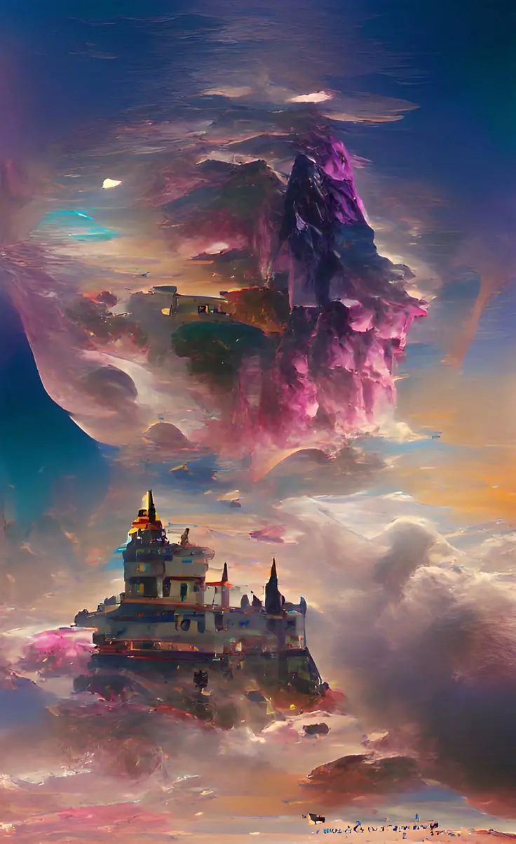 Artificial Intelligence-generated painting of a castle among relaxing white and pink clouds 
