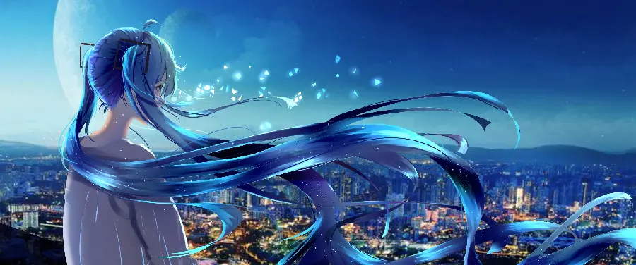 Full HD Photo of the Most Beautiful Blue-Haired Anime Girl in the Beautiful City Night