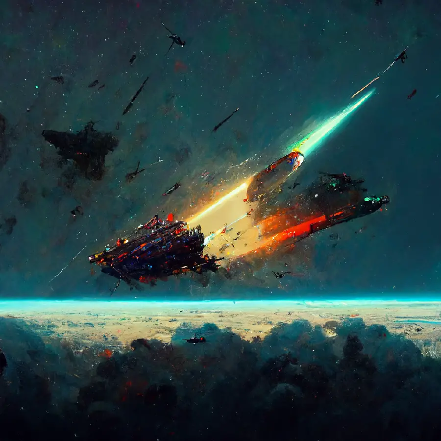 Artificial intelligence photo of a spaceship being destroyed by a powerful laser light