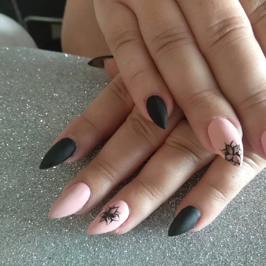 Cute pink and black matte nails for chubby hands