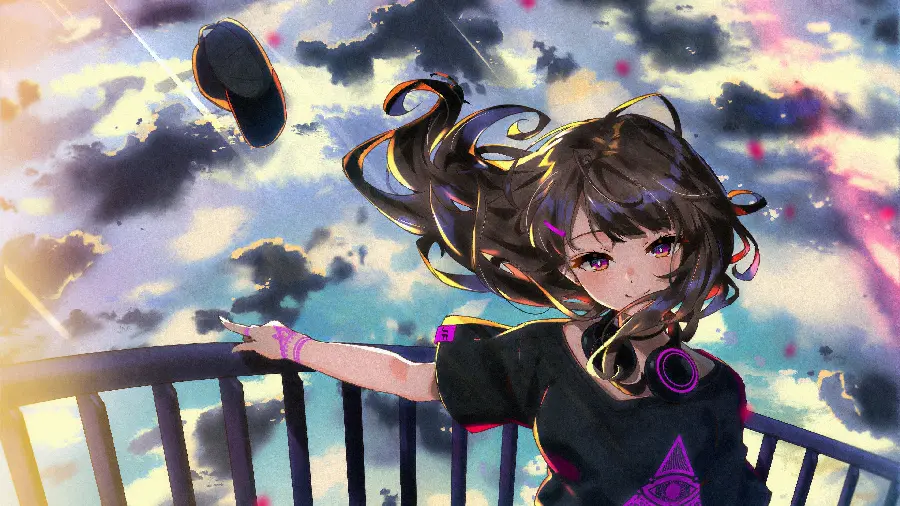 Picture of a kind and beautiful anime girl with a black t-shirt in the wind