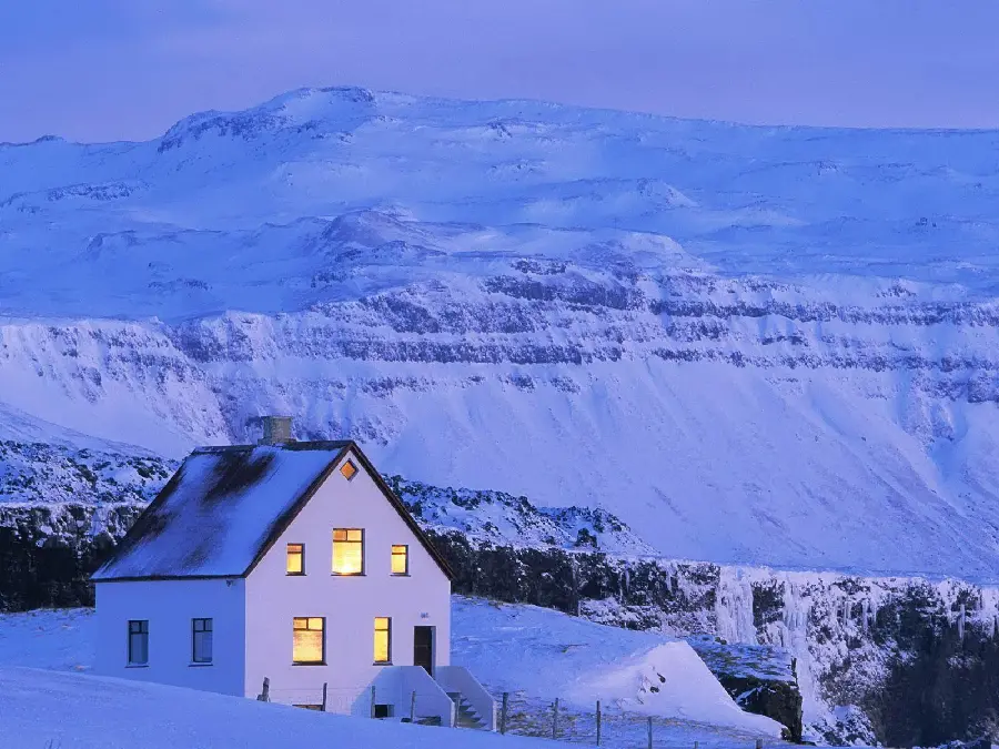 Dreamy Scandinavian Snowy Mountain House Purple Theme	