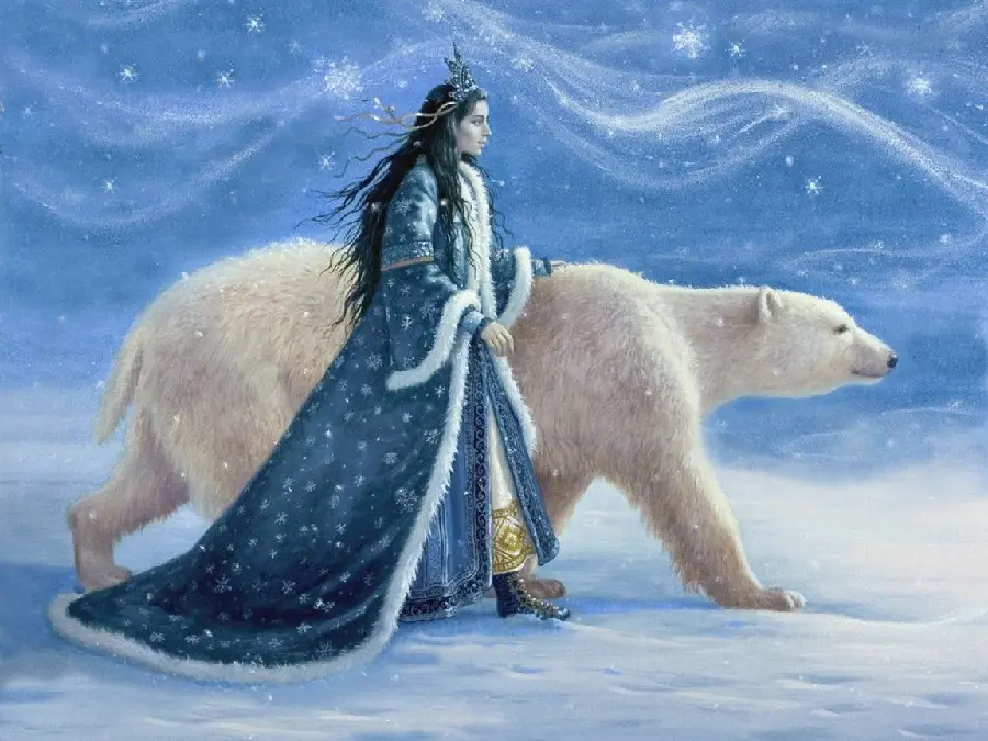 A masterpiece graphic photo of the Snow Queen and a polar bear HD