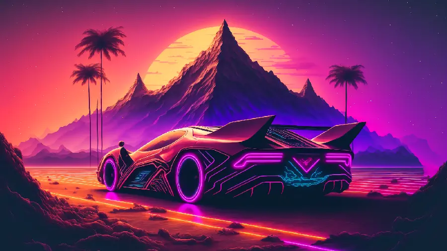 AI photo of a luxurious and attractive car with an orange and purple mountain background
