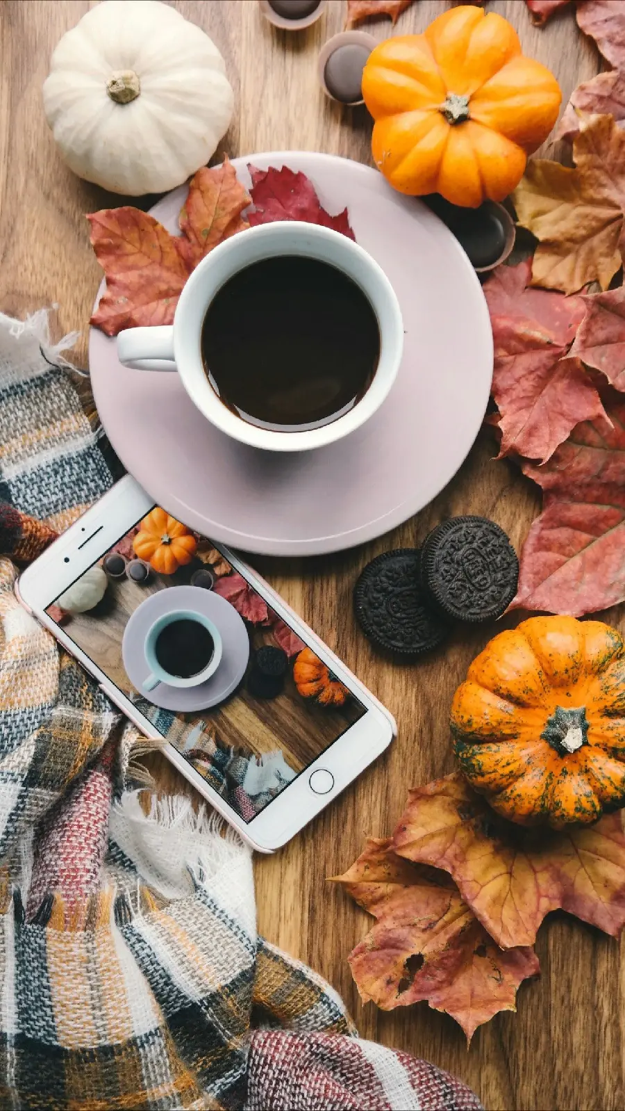 8K image of coffee cup next to mobile phone and autumn leaves