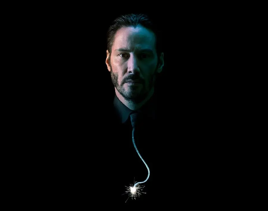 Background of the movie John Wick with a photo of the famous actor Keanu Reeves