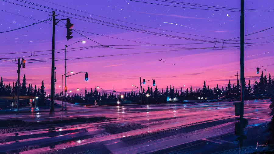 Masterpiece Graphic Photo of Lonely Street with Pink Theme and Purple