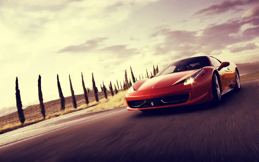 Interesting and spectacular photo of a car on a deserted road with a beautiful cloudy sky