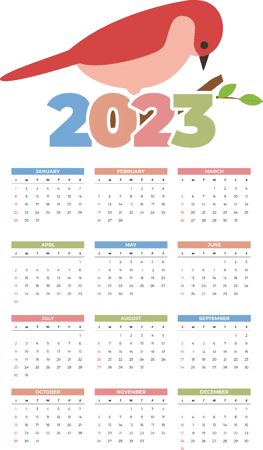 Bird and Calendar 2023 for printing without background