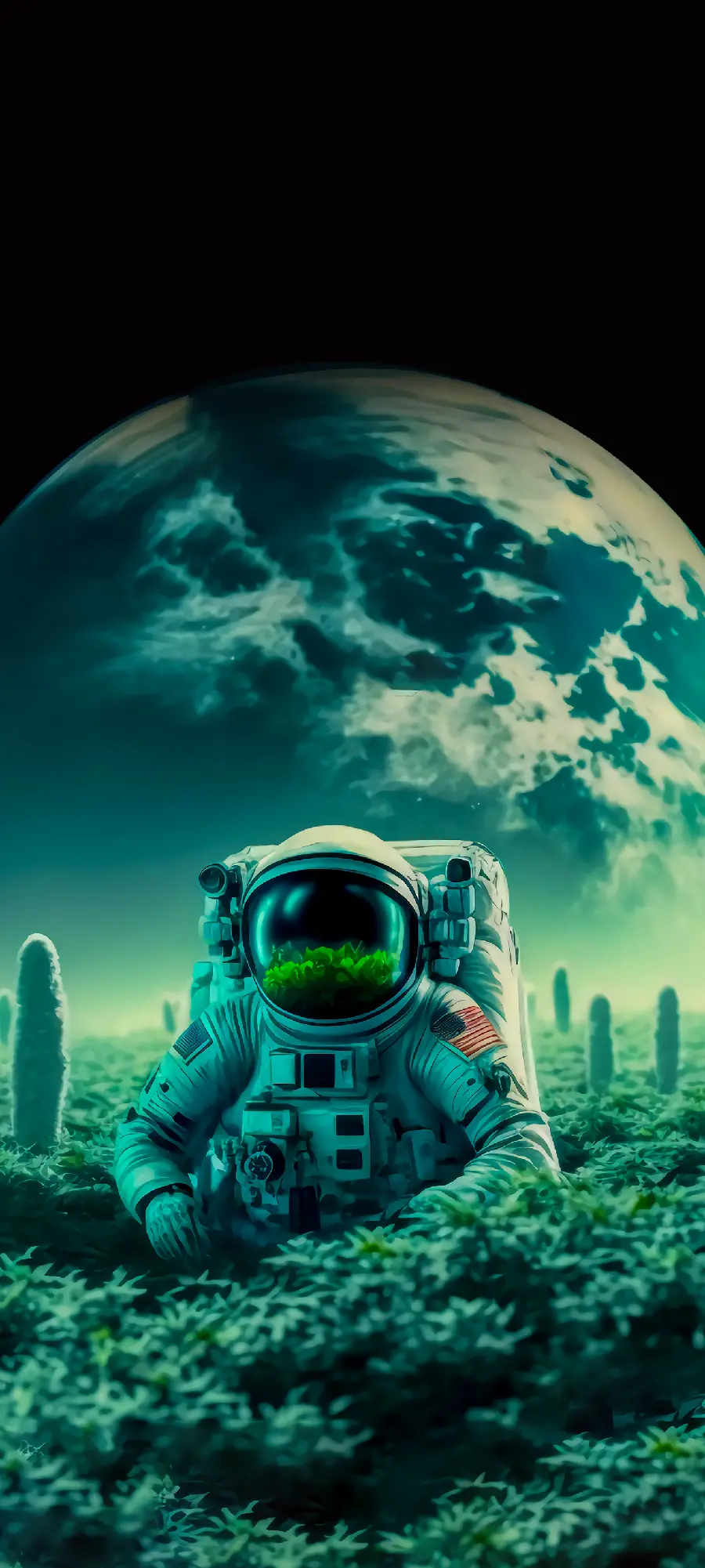 Funny and beautiful AI photo of a NASA astronaut next to a flower and vegetable garden on a remote planet for wallpaper of special people