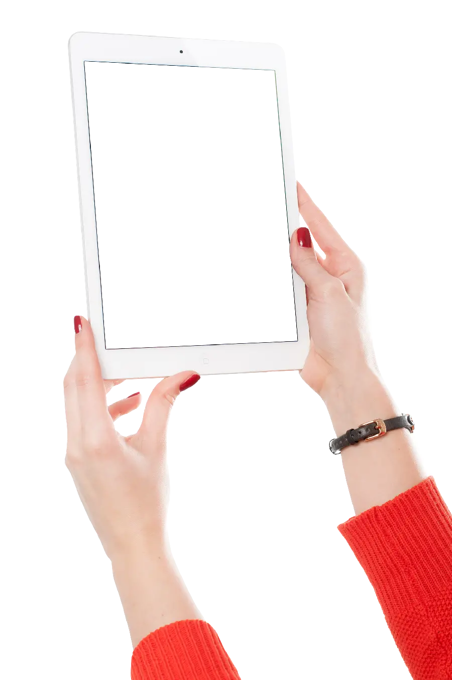 Free png view of a tablet in a woman's hand with a blank screen 
