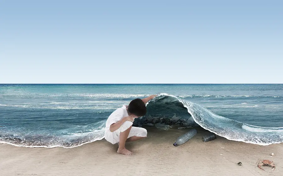 Very Beautiful and conceptual image of a child next to sea pollution